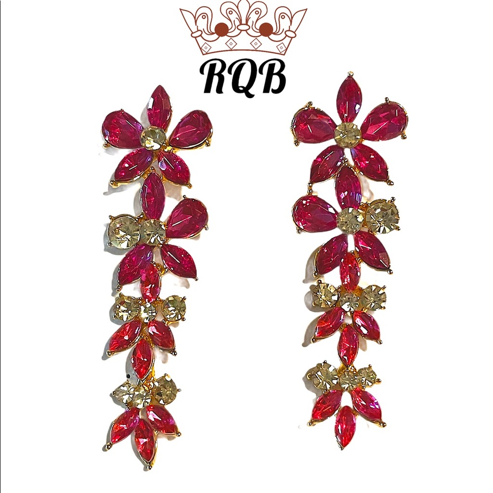 Hot Pink Crystal Flower Earrings Pierced